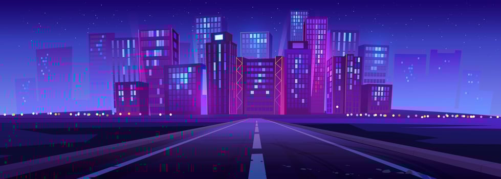 Skyline with city buildings and road at night vector