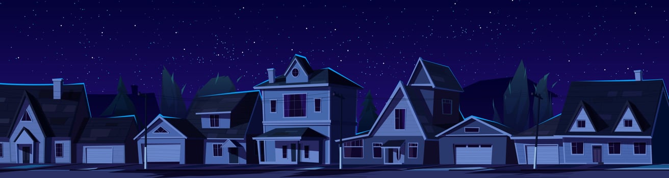 Suburban town street with dark houses at night vector