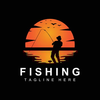 fishing logo icon vector, catch fish on the boat, outdoor sunset silhouette design vector