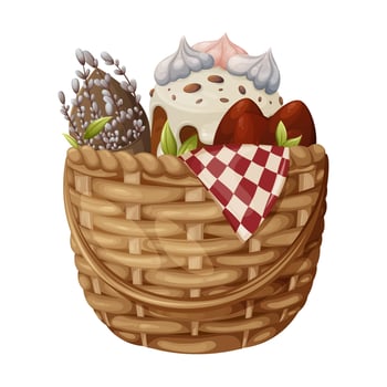 Wicker basket with Easter cake, red eggs, a bouquet of willow branches and a towel, vector illustration, isolated background, cartoon style