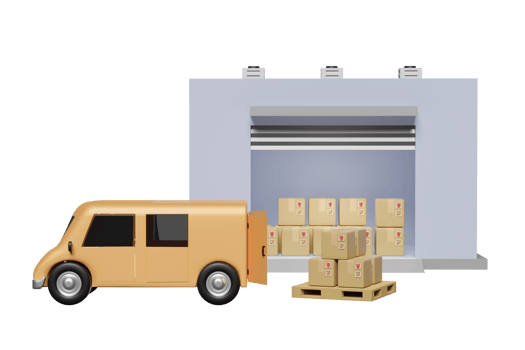 building warehouse 3d with truck, orange delivery van, goods cardboard box, pallet, truck isolated. logistic service concept, 3d render illustration png