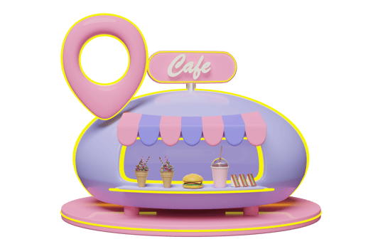 shop store cafe 3d with pin ice cream, hamburger or burger, sandwich, glass isolated. summer travel, location pin marker, 3d render illustration png