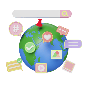 3d social media on earth with chat bubbles, search bar isolated. online social, communication applications seo concept, 3d render illustration png