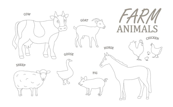 Farm animals, cow, pig, horse, sheep. goat, chicken, goose, poultry, sketch style set with animals isolated on white background, realistic animal products vector