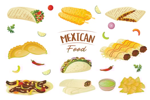Mexican food collection, nachos, burritos, tacos, tamales, fajita, enchilada, empanadas and elotes. Minced meat in corn tortillas with vegetables vector
