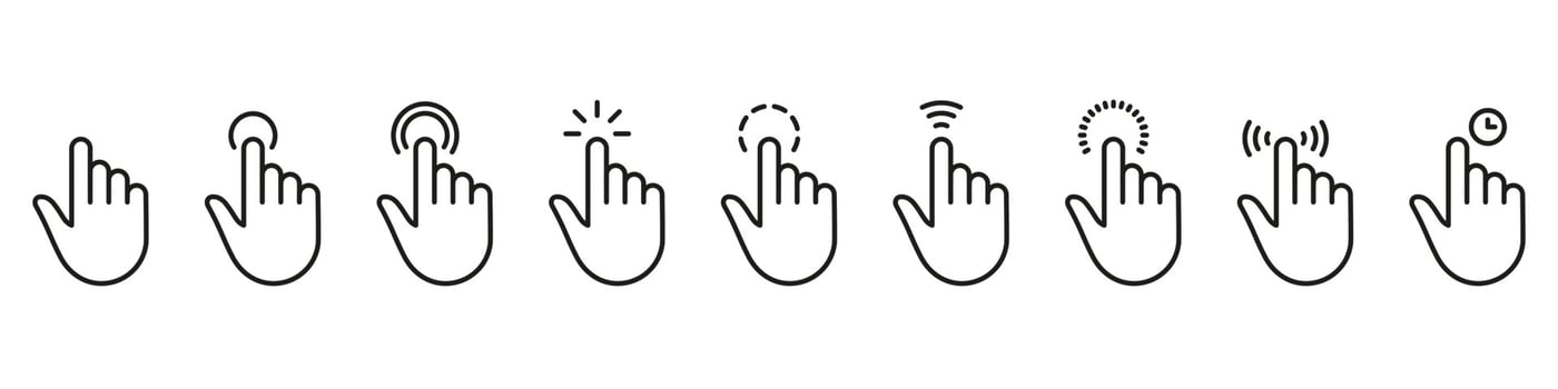 Hand Finger Touch, Swipe, Click, Press and Tap Line Icon Set. Double Click and Tap Sign. Gesture Slide Left and Right Outline Icon Collection. Editable Stroke. Isolated Vector Illustration.