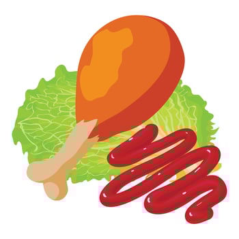 Chicken food icon isometric vector. Fried chicken leg ketchup stripe and lettuce vector