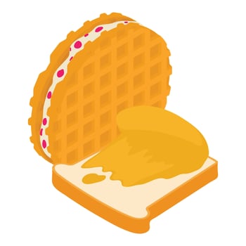 Dessert icon isometric vector. Peanut butter sandwich and round belgian waffle vector