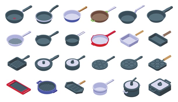 Pan icons set isometric vector. Pot saucepan vector