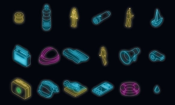 Tsunami icons set vector neon