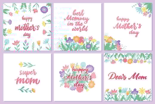 Set of 6 Mother's day greeting cards, posters, prints, banners, invitations decorated with spring wildflowers. Women's day, spring, easter theme templates. EPS 10 vector