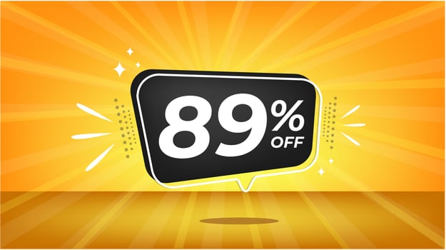 89 percent off. Yellow banner with eighty-nine percent discount on a black balloon for mega big sales. vector
