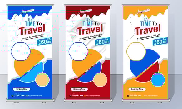 Travel Business Roll Up banner. Truism Standee Design Banner. Corporate digital Roll Up Banner. Vector x Banner, Holiday x-stand Banner. Company Tours Vacation exhibition display template.