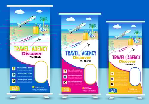 Travel Business Roll Up banner. Truism Standee Design Banner. Corporate digital Roll Up Banner. Vector x Banner, Holiday x-stand Banner. Company Tours Vacation exhibition display template.