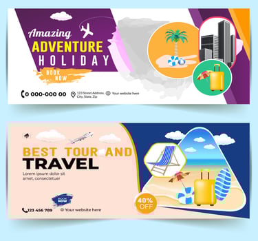 Modern World tours Banner design. company Holiday Adventure Template. Travel agency World Holiday Poster. Vacation Discount template. Travel and tour social media cover or web banner. vector