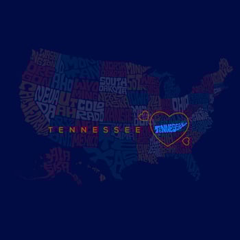 Tennessee map with red heart lettering. US map states name typography. vector
