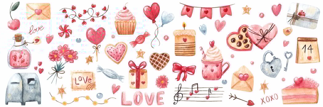 Big watercolor set of design elements for Valentines day. Cute watercolour icons, symbol of romance, love for print, card, poster, stickers vector
