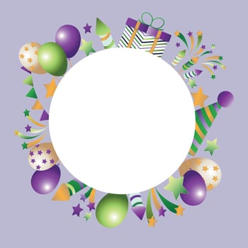 Postcard template.Green, yellow and purple balloons,confetti, fireworks. Happy birthday. vector