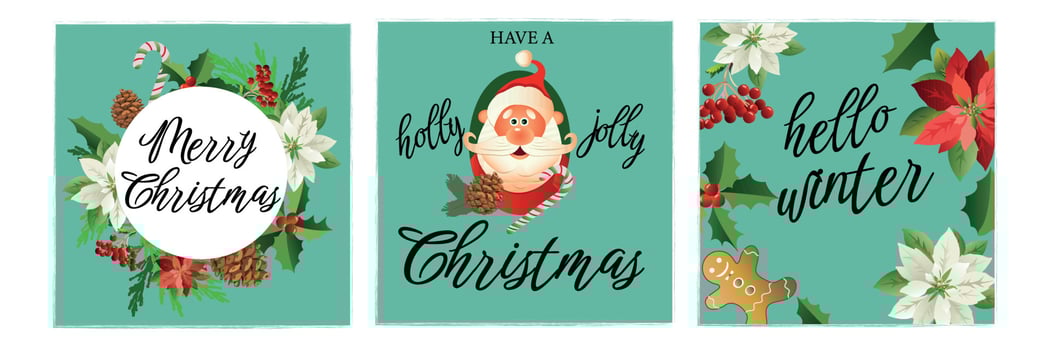 Illustrations of cheerful Santa Claus with gifts in winter, greeting cards vector