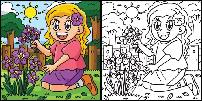 Spring Girl Picking Flowers Coloring Illustration vector