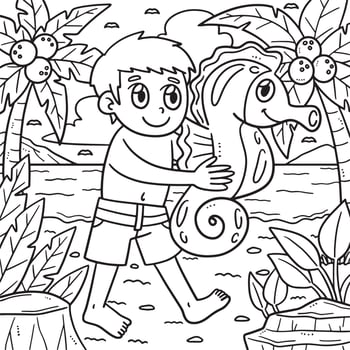 Summer Child with Sea Horse Floater Coloring Page vector