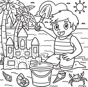 Summer Child Building Sand Castle Coloring Page vector