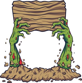 Cartoon zombie hand holding wooden board vector
