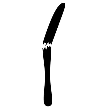 Broken dinner knife silhouette icon on white background. Great for broken kitchen equipment logo. vector