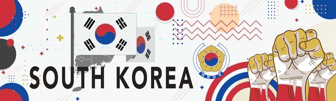 Banner South Korea national day with South Korean flag colors theme background and geometric abstract retro modern blue red white design. Korean people. Sports Games Supporters Vector Illustration.