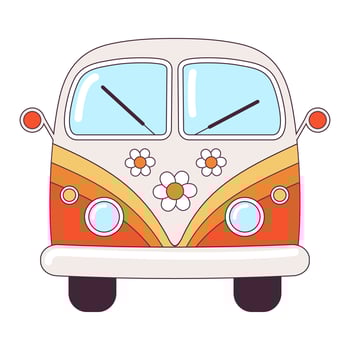 Hippie vintage orange car a mini van retro bus 1960s, 60s, 70s. Groovy Psychedelic cartoon element - funky illustration in hippie style. Flat vector illustration isolated on the white background.