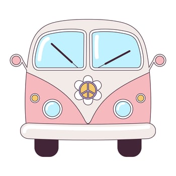 Hippie vintage pink car a mini van retro bus 1960s, 60s, 70s. Groovy Psychedelic cartoon element - funky illustration in hippie style. Flat vector illustration isolated on the white background.