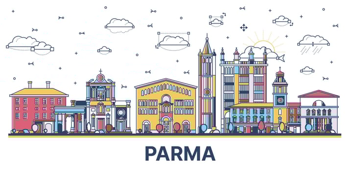 Outline Parma Italy City Skyline with Colored Historic Buildings Isolated on White. Vector Illustration.
