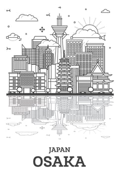 Outline Osaka Japan City Skyline with Modern Buildings and Reflections Isolated on White. Osaka Cityscape with Landmarks. vector