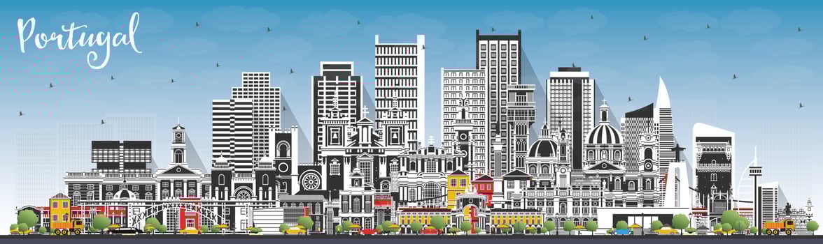 Portugal. City Skyline with Gray Buildings and Blue Sky. Vector Illustration. Concept with Modern and Historic Architecture. Portugal Cityscape with Landmarks.