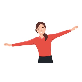 Young woman opening Her Arms as if for a Flight. Flat vector illustration isolated on white background