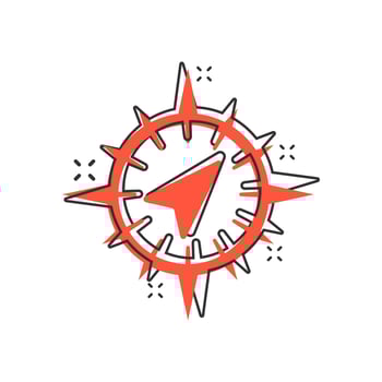 Global navigation icon in comic style. Compass gps vector cartoon illustration on white isolated background. Location discovery business concept splash effect.