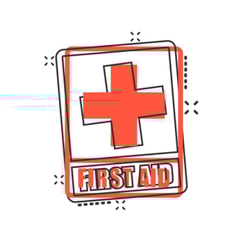 First aid sign icon in comic style. Health, help and medical vector cartoon illustration on white isolated background. Hospital business concept splash effect.