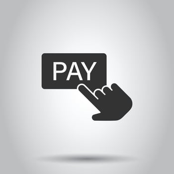 Pay shop icon in flat style. Finger cursor vector illustration on isolated background. Click button business concept.