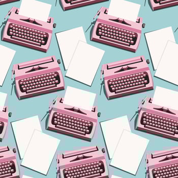 A pattern with bright typewriters and retro-style sheets of paper. Pink typewriter on a blue background. Background for celebrating Poet's Day, Writer's Day. Retro style gift wrapping vector