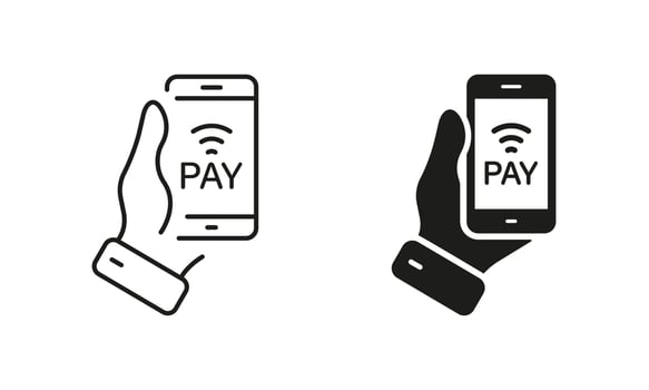 Hand Hold Smartphone for Payment Money Line and Silhouette Icon Set. Banking Service in Cellphone Pictogram. Contactless Pay Technology in Mobile Phone Symbol Collection. Isolated Vector Illustration.