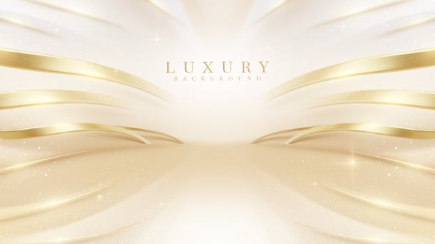 Luxury cream color background with golden line elements and curve light effect decoration and bokeh. vector