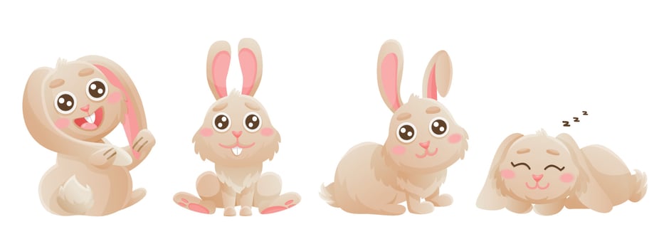 Cartoon set of cute bunnies. Banner with vector illustrations. Vector brown bunny is sitting, sleeping in cute poses. Animal wildlife cartoon