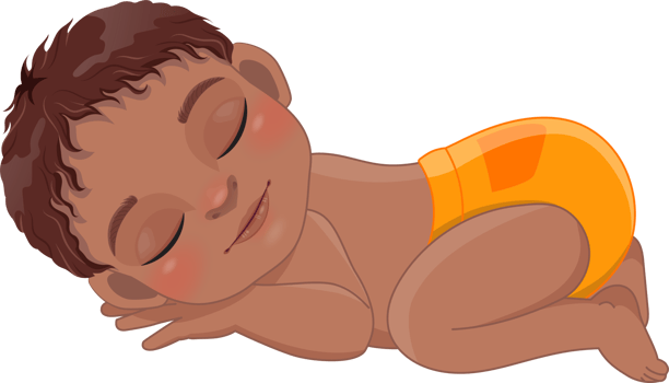 Cartoon character sleeping black baby boy wearing orange ruffled diaper cartoon png