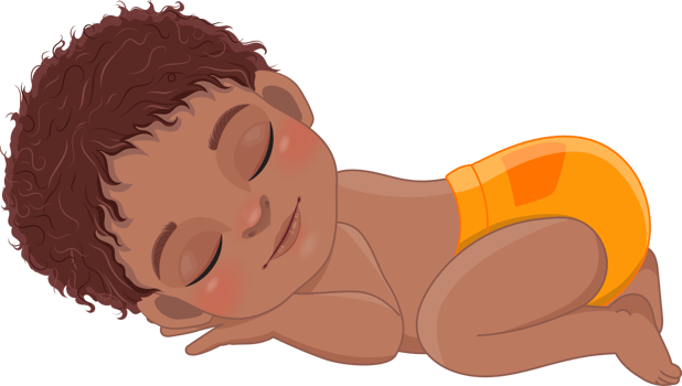 Cartoon character sleeping black baby boy wearing orange ruffled diaper cartoon png