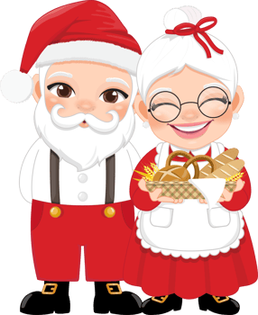 Cute Santa in Casual Wear and Mrs.Claus holding Bakery Basket Cartoon Character PNG