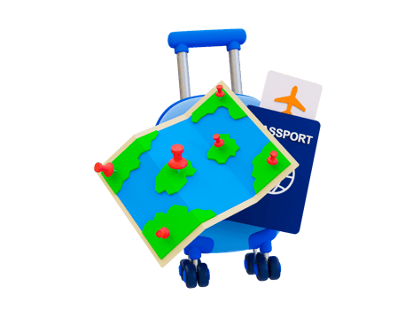 3d minimal Holiday travel trip. summer vacation trip. Recreational time. Take a flight. Map with a suitcase and passport. 3d illustration. png