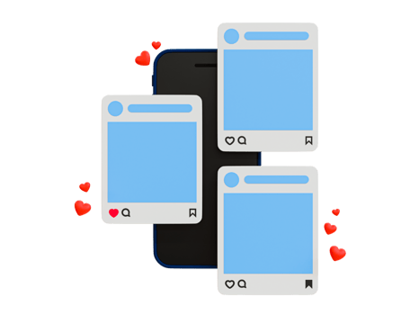 3d minimal social media template. photo social media mockup. blank post on a smartphone with mini hearts. 3d rendering illustration. png