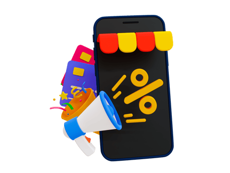 3d minimal special discount concept. Marketing strategy. Customer attraction strategy. Best price offer. smartphone with credit cards, a megaphone, and a percent icon. 3d illustration. png