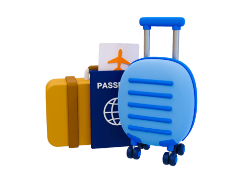 3d minimal Holiday travel trip. preparation for a summer vacation trip. Luggage with a passport, airplane ticket, luggage, and airplane. 3d illustration. png