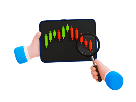 3d minimal trading charts. Stock market falling down. Stock market decline. Stock market analysis. Hand holding a magnifying glass with a Stock market graph. 3d illustration. png